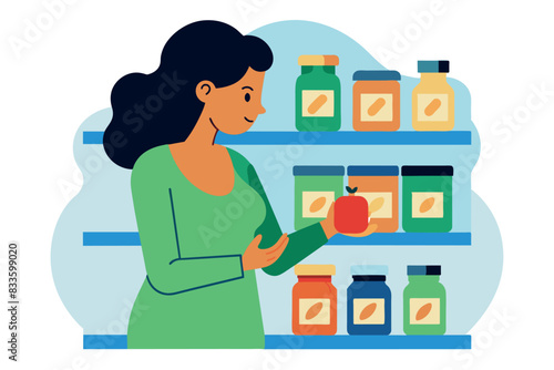 A customer in a grocery store looking at a product. The person is standing in front of shelves on which various goods, foodstuffs are laid out.