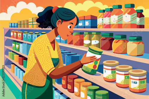 A customer in a grocery store looking at a product. The person is standing in front of shelves on which various goods, foodstuffs are laid out.