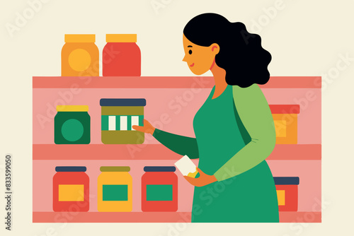 A customer in a grocery store looking at a product. The person is standing in front of shelves on which various goods, foodstuffs are laid out.