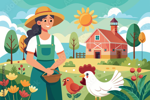 A farmer holding a chicken. The scene takes place on a street surrounded by trees, with a house in the background and the sun in the sky. the theme is farming, bird care or rural life.
