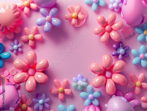 3D Fantasy bright flowers balloon flowers on pink background.