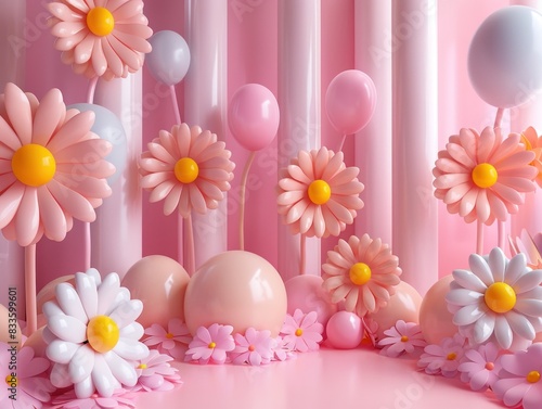 3D Fantasy bright flowers balloon flowers on pink background.