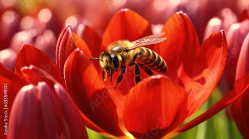 A bee pollinating a red tulip. AIG51A.