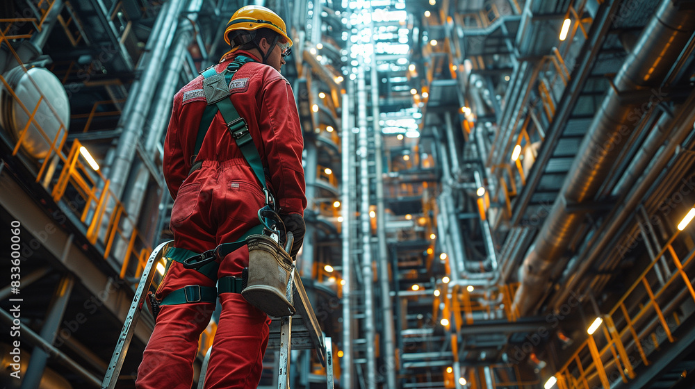 A man in workwear with a red jumpsuit, helmet, and engineering tools stands on a ladder in a building amidst the city's steel and metal structures. A man in workwear with a red jumpsuit, helmet, and engineering tools stands on a ladder in a building amidst the city's steel and metal structures.