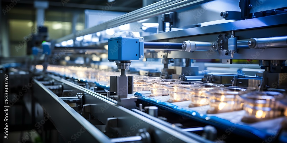Efficient automated machinery in a modern frozen foods factory produces diverse meals. Concept Frozen Foods, Modern Machinery, Factory Automation, Diverse Meals, Efficient Production Efficient automated machinery in a modern frozen foods factory produces diverse meals. Concept Frozen Foods, Modern Machinery, Factory Automation, Diverse Meals, Efficient Production
