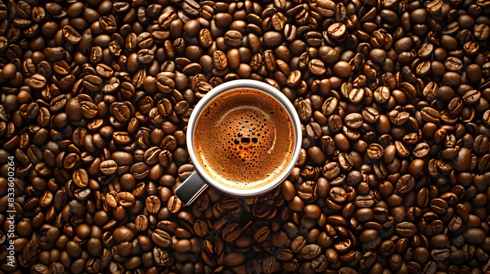 Cup of coffee standing on roasted coffee beans. Captures the essence and aroma of coffee. Ideal for stock photos and digital art. AI Cup of coffee standing on roasted coffee beans. Captures the essence and aroma of coffee. Ideal for stock photos and digital art. AI