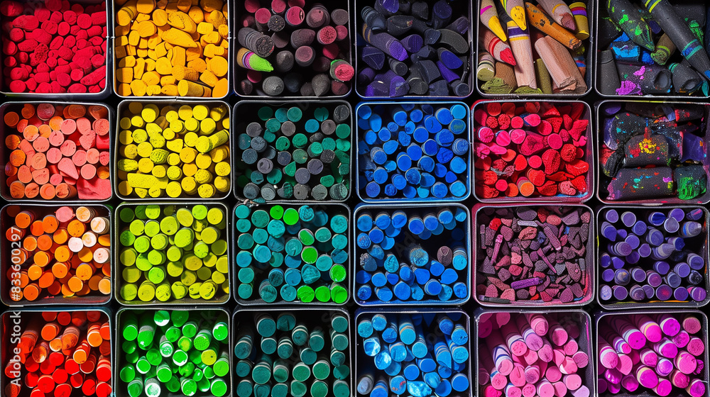 Box of crayons in a rainbow of colors background. Box of crayons in a rainbow of colors background.