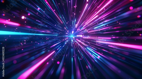 Vibrant neon light rays background, glowing blue and purple lines in space tunnel