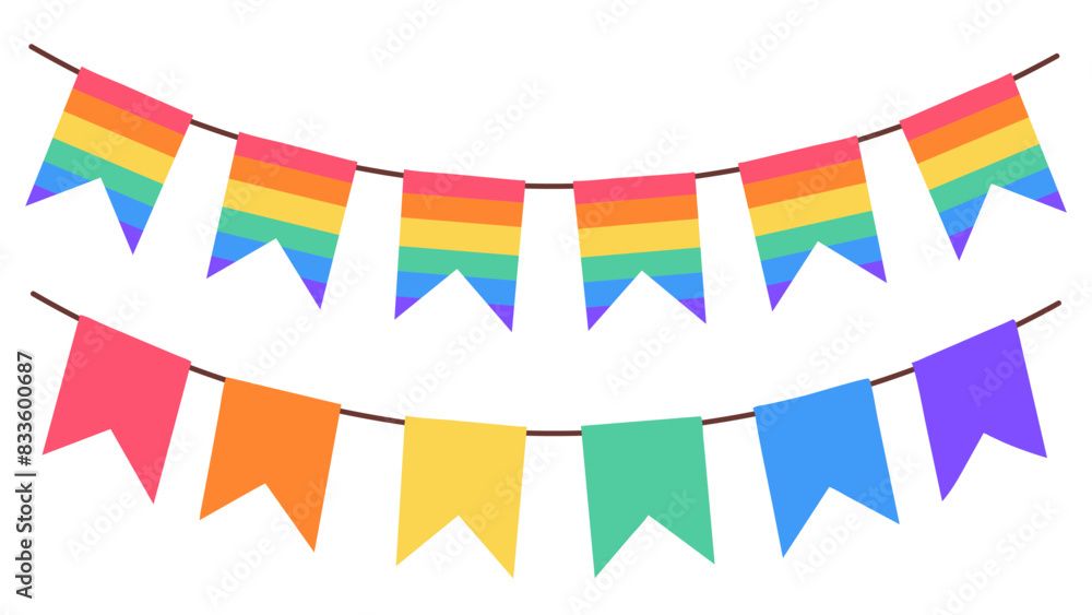 Rainbow festive flags, bunting garland, vector illustration, isolated on white Rainbow festive flags, bunting garland, vector illustration, isolated on white