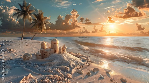 A serene beach at sunset with intricate sandcastles and palm trees swaying in the breeze photo
