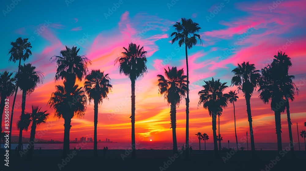 Sunset sky ablaze with colors behind a row of beachside palm trees