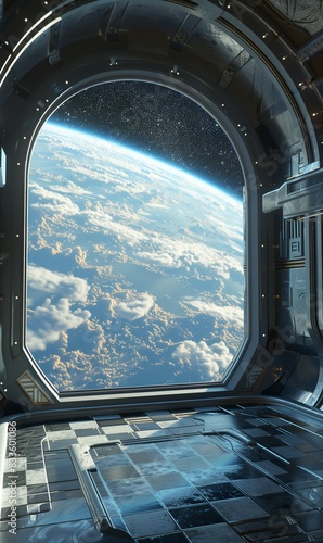 spaceship window with sunrise over planet view, space station porthole illuminator with planetary sunset view, astronomy background concept