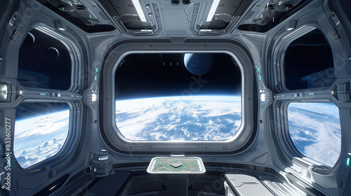 Fototapeta Naklejka Na Ścianę i Meble -  spaceship window with sunrise over planet view, space station porthole illuminator with planetary sunset view, astronomy background concept