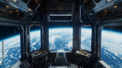 Fototapeta Naklejka Na Ścianę i Meble -  spaceship window with sunrise over planet view, space station porthole illuminator with planetary sunset view, astronomy background concept