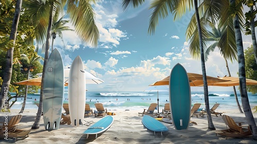 A tranquil beach scene with surfboards  beach umbrellas  and chairs set up for a perfect summer day