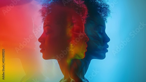A double exposure portrait of a woman with a colorful background. The image is abstract and suggestive of identity.