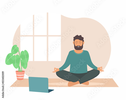 men doing yoga meditation exercise at home with online instructor wellness and healthy lifestyle at home