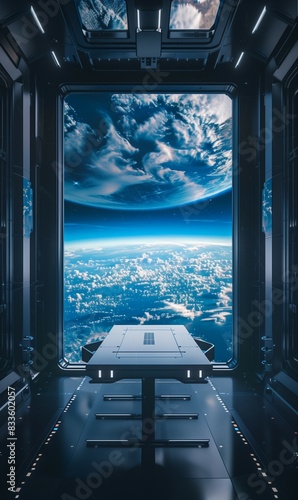 spaceship window with sunrise over planet view, space station porthole illuminator with planetary sunset view, astronomy background concept