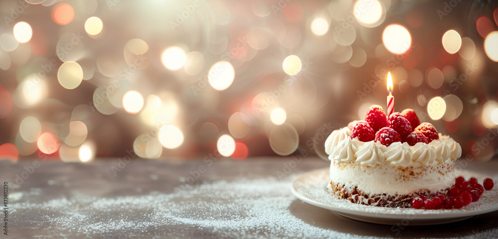 Birthday cake with berries and a candle on a festive background with bokeh Birthday cake with berries and a candle on a festive background with bokeh