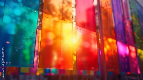 A vibrant abstract background of colorful, translucent panels illuminated by sunlight.  The image evokes a sense of energy and optimism. photo