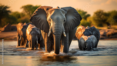There are four African elephants walking through a river. The background has mountains and trees.