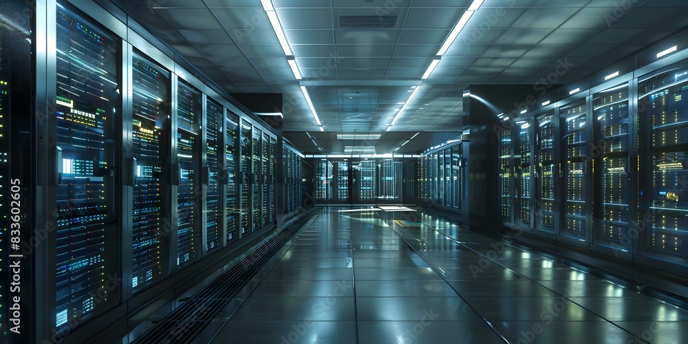 Server room with rows of server racks containing multiple server blades Server room with rows of server racks containing multiple server blades