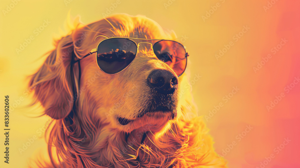 Cool golden retriever wearing sunglasses in retro style