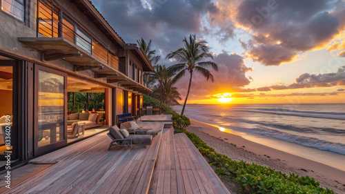villa luxueuse au bord de mer à la lumière tropicale du soir © Sébastien Jouve