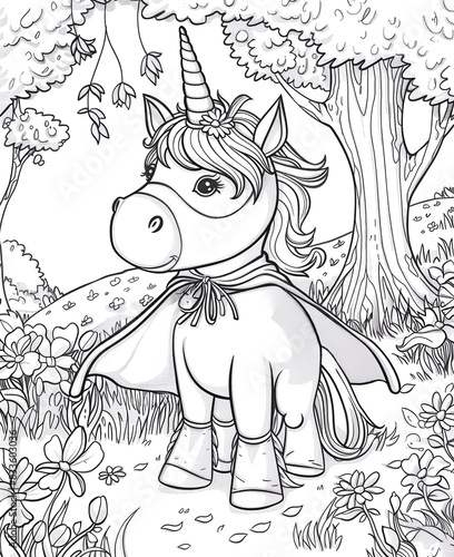 Cute little unicorn wearing a superhero costume. Coloring book page.	