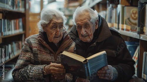 An elderly couple together in retirement together reading a book sitting in the library. Old people reading a book at home
