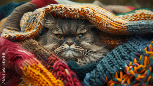 Angry cat wrapped in colorful knitted blankets during winter photo