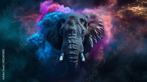 Surreal elephant in cosmic colors and vibrant smoke photo