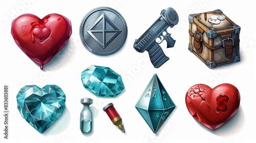 A collection of survival game elements, including a coin, diamond, heart, med kit, and ammo, presented as finely detailed vector illustrations. These icons are designed to add depth and immersion to photo