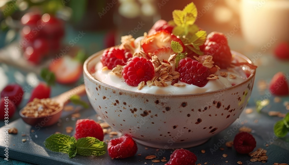A bowl of delicious yogurt topped with fresh raspberries, granola, and mint leaves on a table. Healthy breakfast or snack option. A bowl of delicious yogurt topped with fresh raspberries, granola, and mint leaves on a table. Healthy breakfast or snack option.