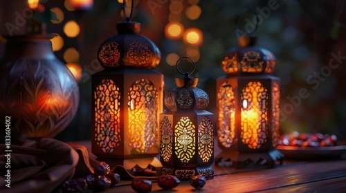 Frontal view of ornate, Arabic lanterns with intricate patterns, warm glowing candles inside, rich date fruits placed on an elegant wooden table, photorealistic, night ambiance