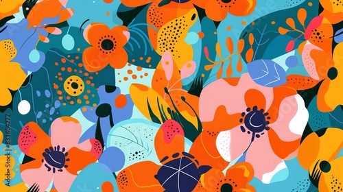 Painted blooms flat design front view artistic theme animation vivid. Seamless Pattern  Fabric Pattern.