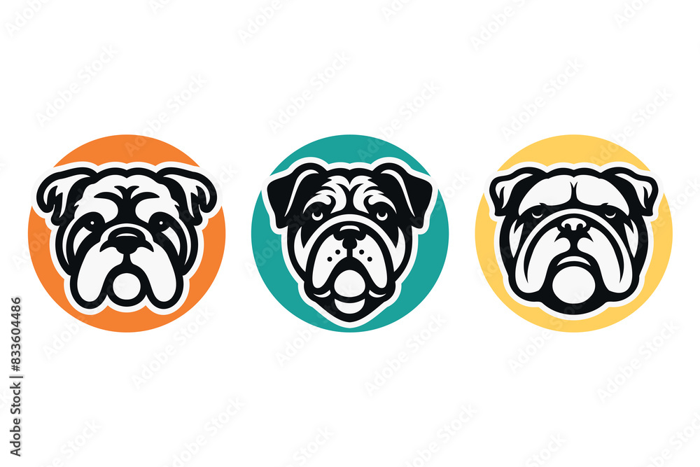 Dog logo template. Bulldog silhouette head in round shape. Illustration icon design on vector white background. For brand, animal pet, t-shirt, dog club, pet shop, grooming, training, dog lover Dog logo template. Bulldog silhouette head in round shape. Illustration icon design on vector white background. For brand, animal pet, t-shirt, dog club, pet shop, grooming, training, dog lover