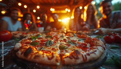 A group of friends enjoying pizza at an outdoor evening gathering with warm lighting and a scenic background, capturing the joy of togetherness. photo