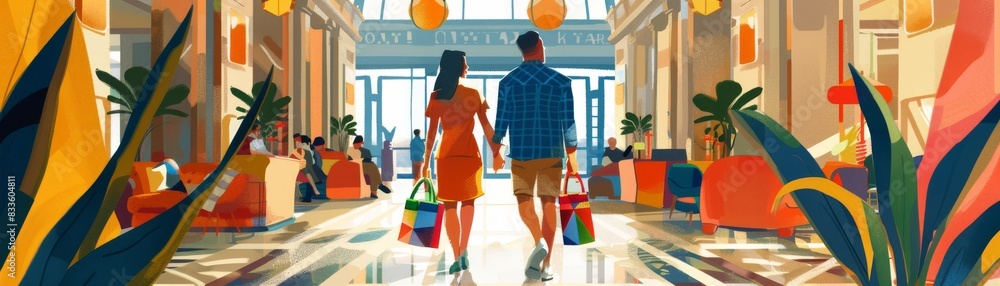 Hotel scene with a couple walking hand in hand, rainbowpatterned bags, back view, surrounded by luxurious decor, elegant and upscale environment, sophisticated setting Hotel scene with a couple walking hand in hand, rainbowpatterned bags, back view, surrounded by luxurious decor, elegant and upscale environment, sophisticated setting