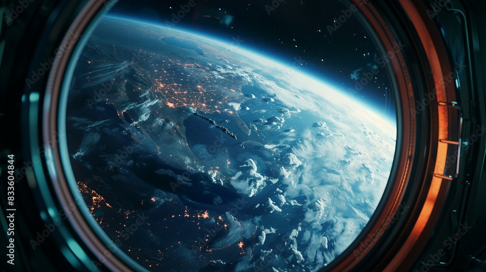 spaceship window with sunrise over planet view, space station porthole illuminator with planetary sunset view, astronomy background concept spaceship window with sunrise over planet view, space station porthole illuminator with planetary sunset view, astronomy background concept