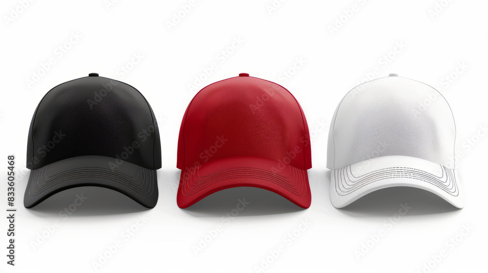 Black, red, and white baseball caps on white background Black, red, and white baseball caps on white background