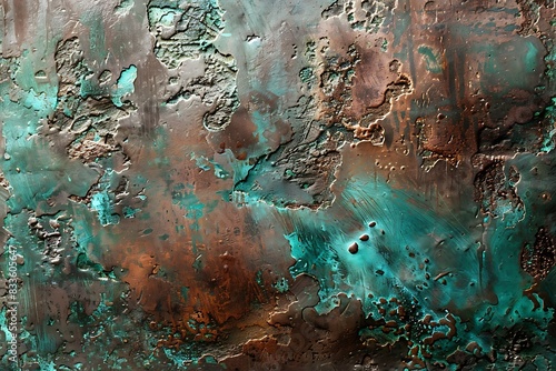 Grungy, oxidized copper surface with verdigris patina. photo