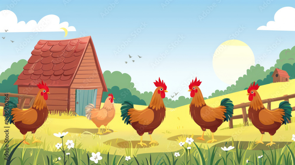 Chickens in a sunny farm landscape with barn background Chickens in a sunny farm landscape with barn background