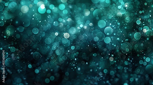Abstract teal and blue bokeh background with sparkling lights.