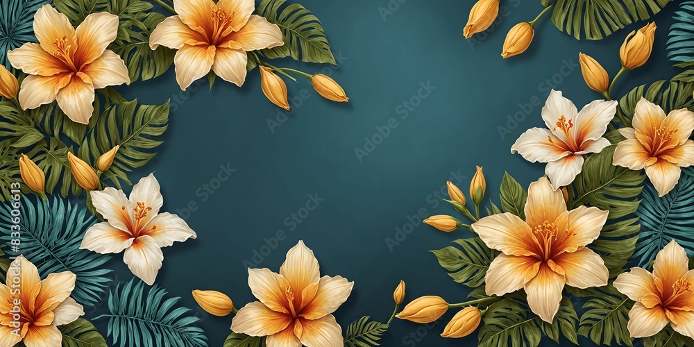 wallpaper, representing a pattern of tropical flowers on a blue background, harmonious overall. wallpaper, representing a pattern of tropical flowers on a blue background, harmonious overall.