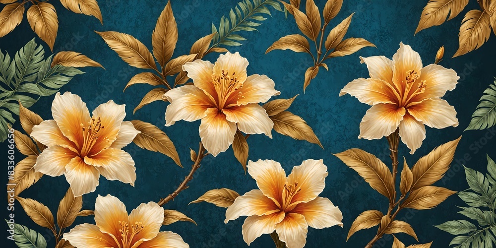 wallpaper, representing a pattern of tropical flowers on a blue background, harmonious overall. wallpaper, representing a pattern of tropical flowers on a blue background, harmonious overall.