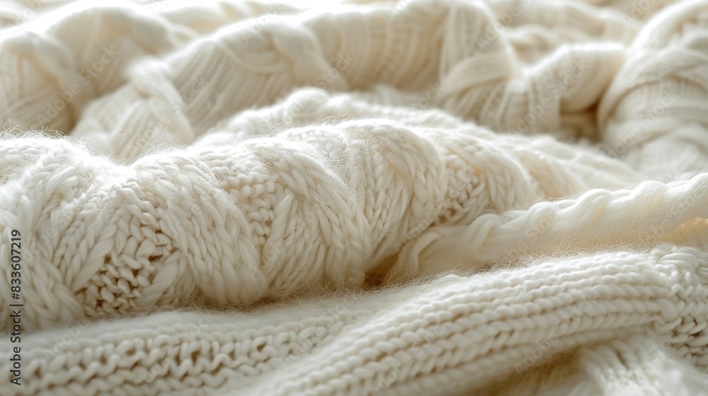 Close-up of soft, white knitted fabric, creating a textured background. Close-up of soft, white knitted fabric, creating a textured background.