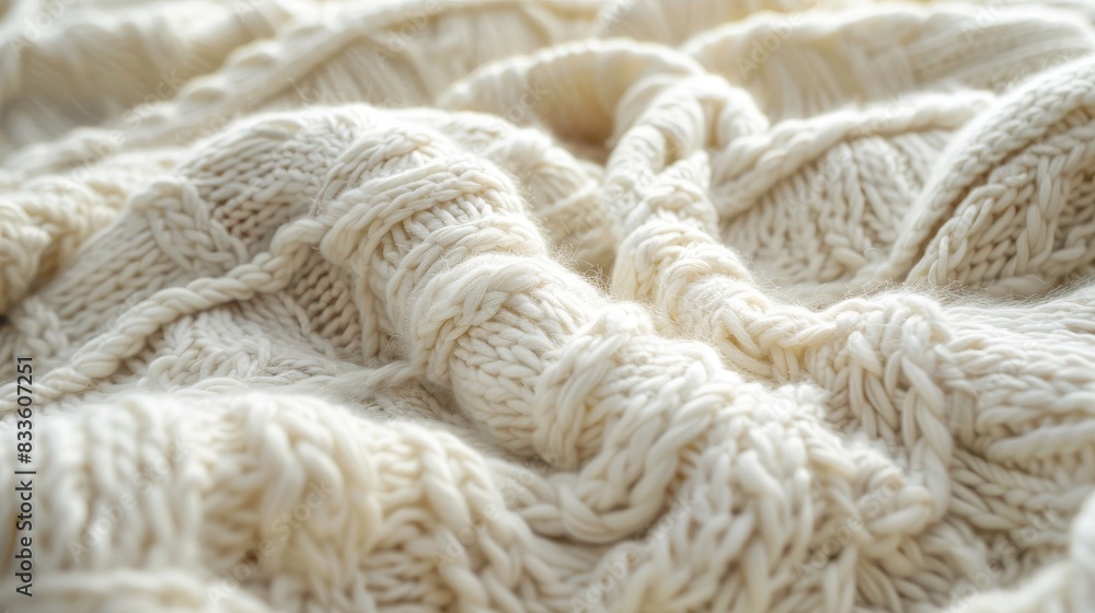 Close-up of soft, textured beige knitted fabric. Close-up of soft, textured beige knitted fabric.