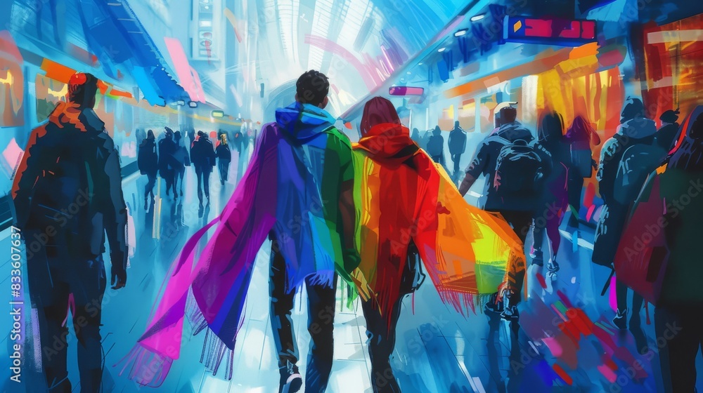 Lovers walking hand in hand in a train station, rainbowcolored scarves, seen from behind, trains and bustling crowds, lively and dynamic station scene Lovers walking hand in hand in a train station, rainbowcolored scarves, seen from behind, trains and bustling crowds, lively and dynamic station scene