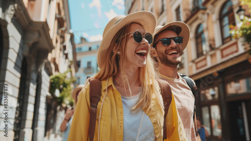 Fototapeta Naklejka Na Ścianę i Meble -  Happy tourists enjoying a sunny walk in the city